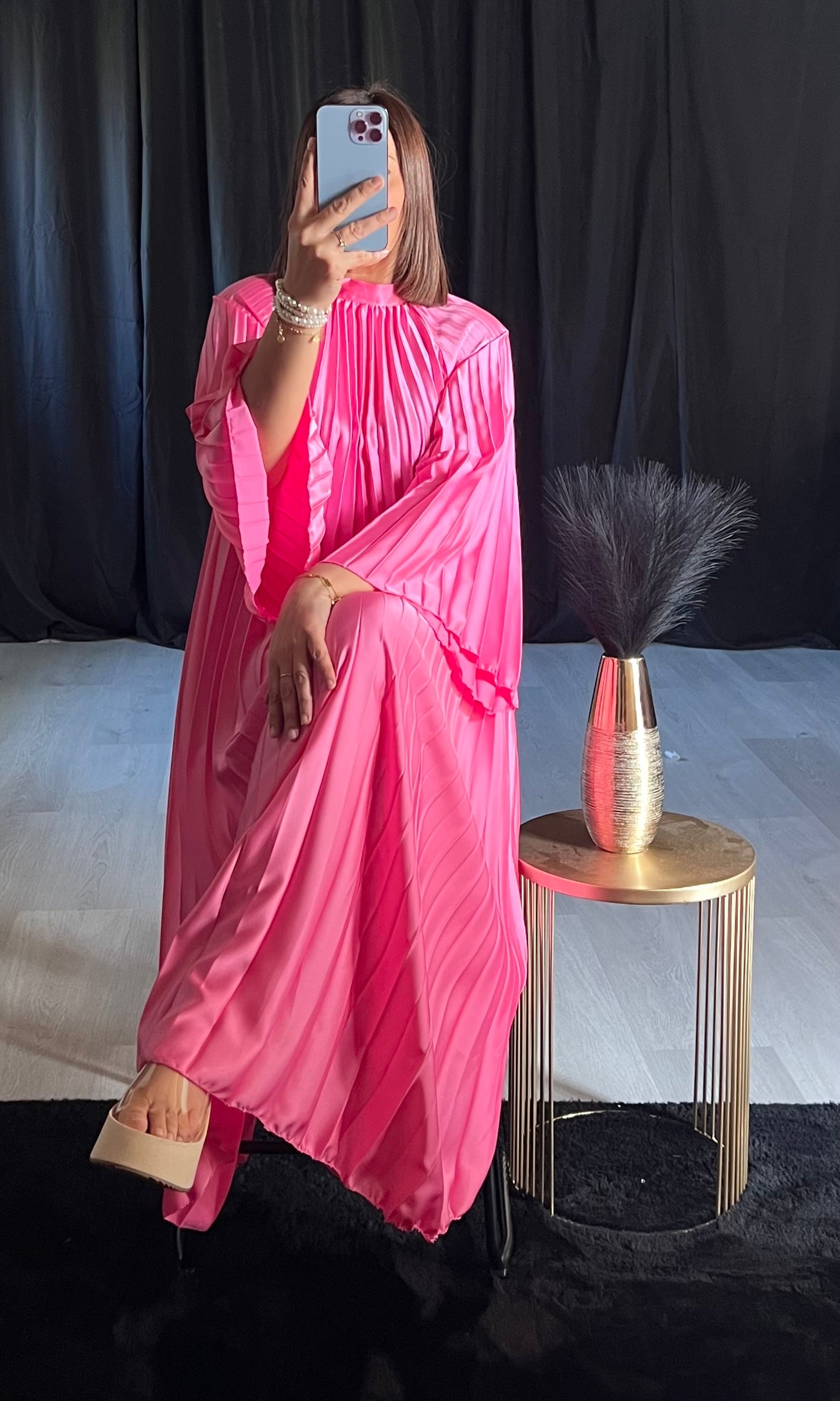 Robe Plissée Rose Manches Longue